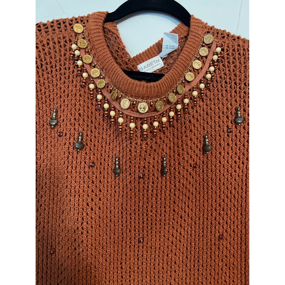Elisabeth Liz Claiborne Sweater Dress Womens 1 Rust Excellent Coin Beaded Boho